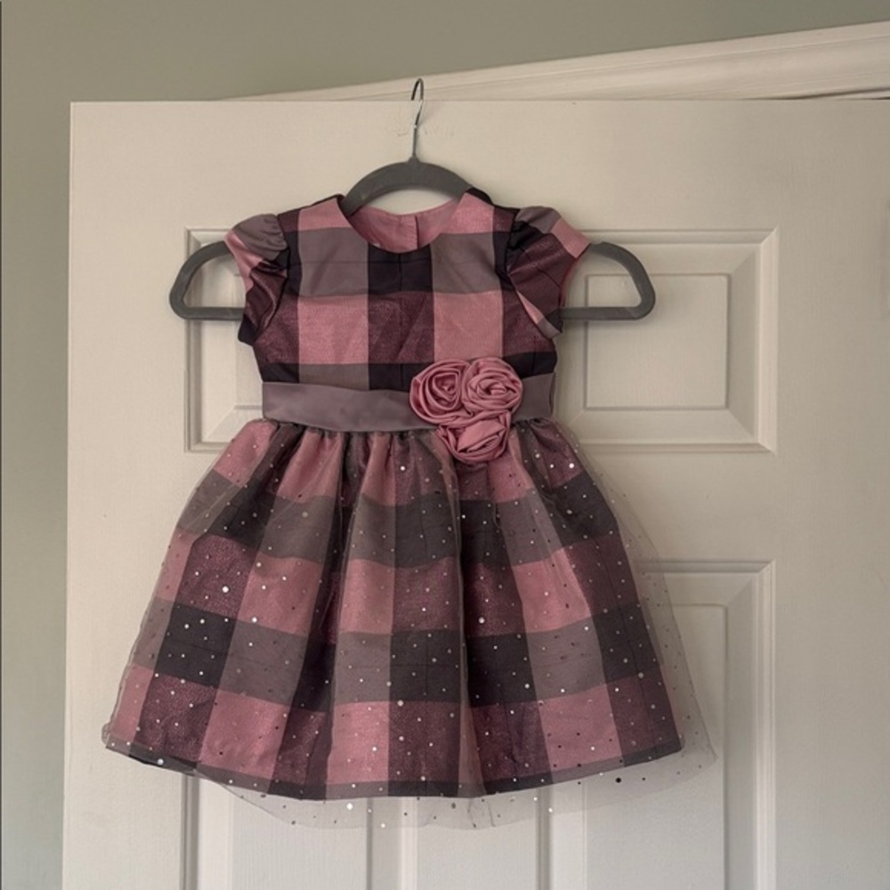 Bonnie Jean Pink and Gray Checkered Dress with Floral Detail